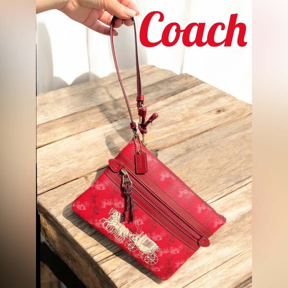 Coach Rare Red 9.25”x6.75” F84635 JAY SHELLS Horse & Carriage Gallery Pouch NWOT
